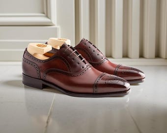 Handmade Rich Brown Leather Oxford Cap Toe Brogue Shoes for Men