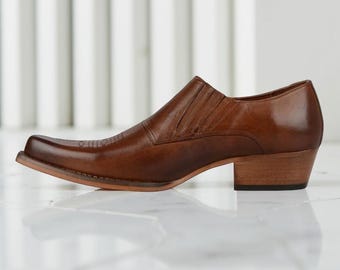 Handmade Brown Leather Cowboy Slip-On Shoes for Men | Western Style