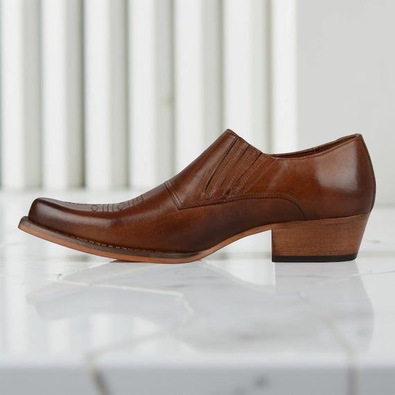 Handmade Brown Leather Cowboy Slip-On Shoes for Men | Western Style