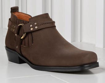 Handmade Brown Leather Harness Boots for Men Western Ankle Cowboy Shoes