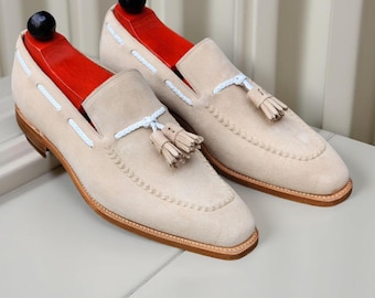 Handmade Beige Suede Tassel Loafers Men’s Classic Slip On Dress Shoes