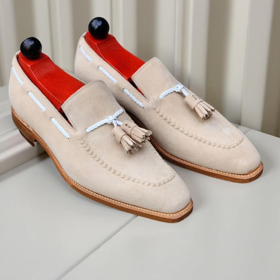 Handmade Beige Suede Tassel Loafers Men
