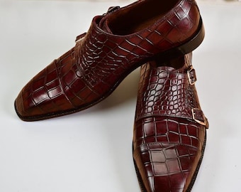 Handmade Burgundy Crocodile-Embossed Double Monk Strap for Men