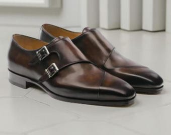 Handgemaakte bruine leren schoenen heren bruine dubbele gemonnikte leren schoenen met kapje