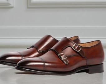 Handgemaakte bruine leren schoenen heren bruine dubbele gemonnikte leren schoenen met kapje