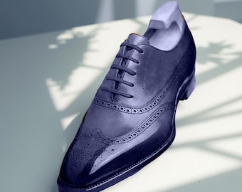 Handmade Italian Leather Brogue Shoes: Wingtip Oxford Dress Shoes