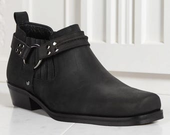 Handmade Black Leather Harness Boots for Men | Western Ankle Cowboy Shoes