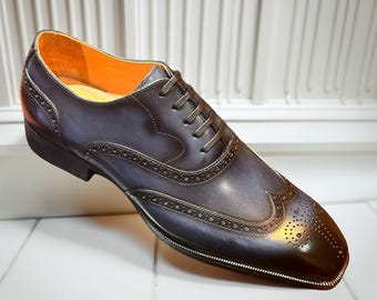 Handmade blue Leather Brogue Shoes: Italian Design, Classic Wedding Formalwear