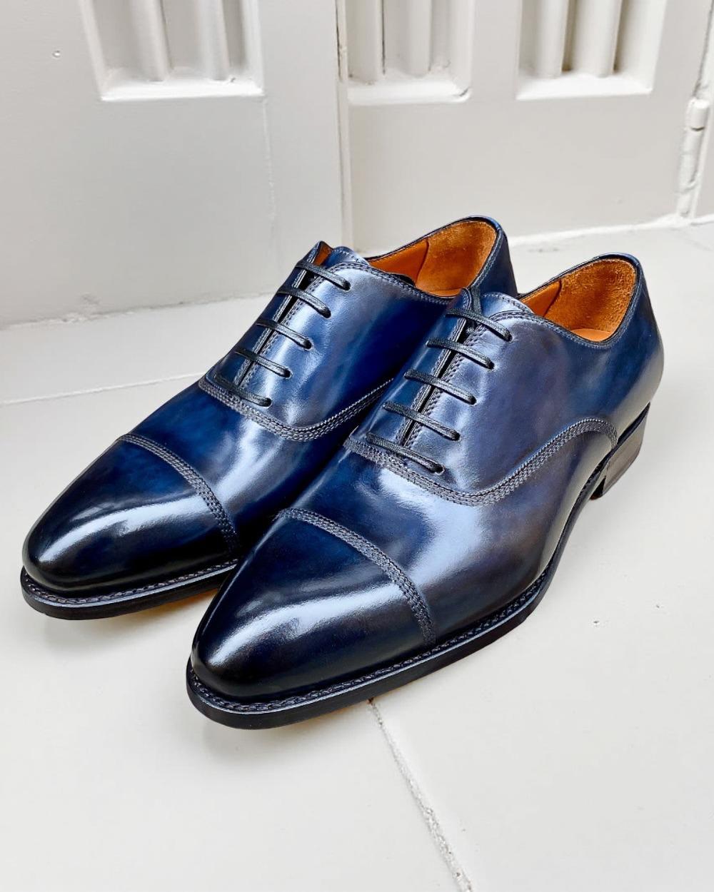 Handmade Blue Oxford Cap Toe Shoes for Men Genuine Leather Dress Shoes