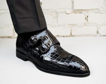 Men’s Handmade Black Crocodile Leather Double Monk Strap Shoes Luxury Dress Shoes