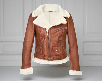 Tan Brown Shearling Leather Jacket: Women's Sheepskin Biker Aviator Coat