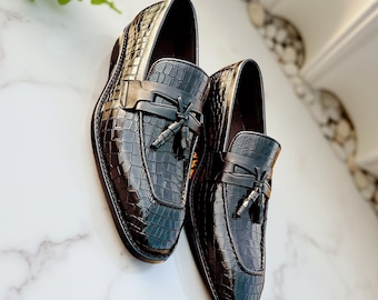Handmade Crocodile Leather Loafers: Luxury Plated Slip-On Dress Shoes
