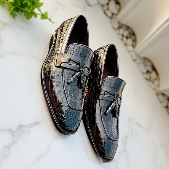 Handmade Crocodile Leather Loafers: Luxury Plated Slip-on Dress