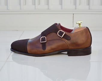 Handmade Brown Leather & Suede Double Monk Strap Shoes