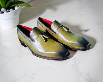 Handmade Olive Green Leather Loafers: Tasseled Slip-On Dress Shoes