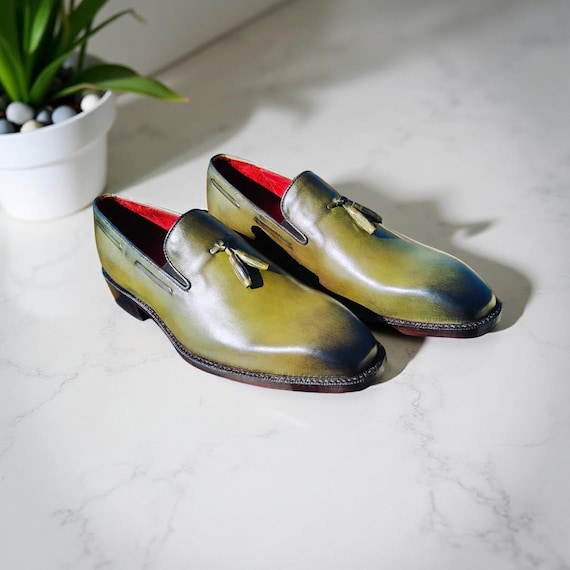Handmade Olive Green Leather Loafers: Tasseled Slip-On Dress Shoes