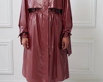 Women’s Handmade Glossy Burgundy Raincoat | Waterproof Hooded Long Trench Coat