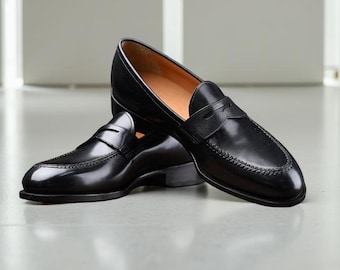 Men’s Handmade Black Penny Loafers Classic Slip On Dress Shoes