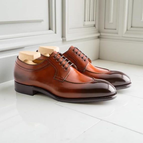 Men's Handmade Brown Leather Derby Shoes | Apron Toe Dress Shoes | Formal Oxford Style Men's Handmade Brown Leather Derby Shoes | Apron Toe Dress Shoes | Formal Oxford Style