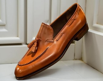 Handmade Tan Leather Tassel Loafer Shoes for Men Classic Slip-On Dress Shoes