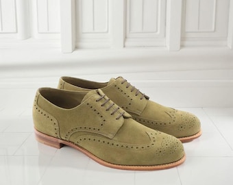 Men’s Handmade Olive Green Suede Derby Shoes Brogue Lace-Up Dress Shoes