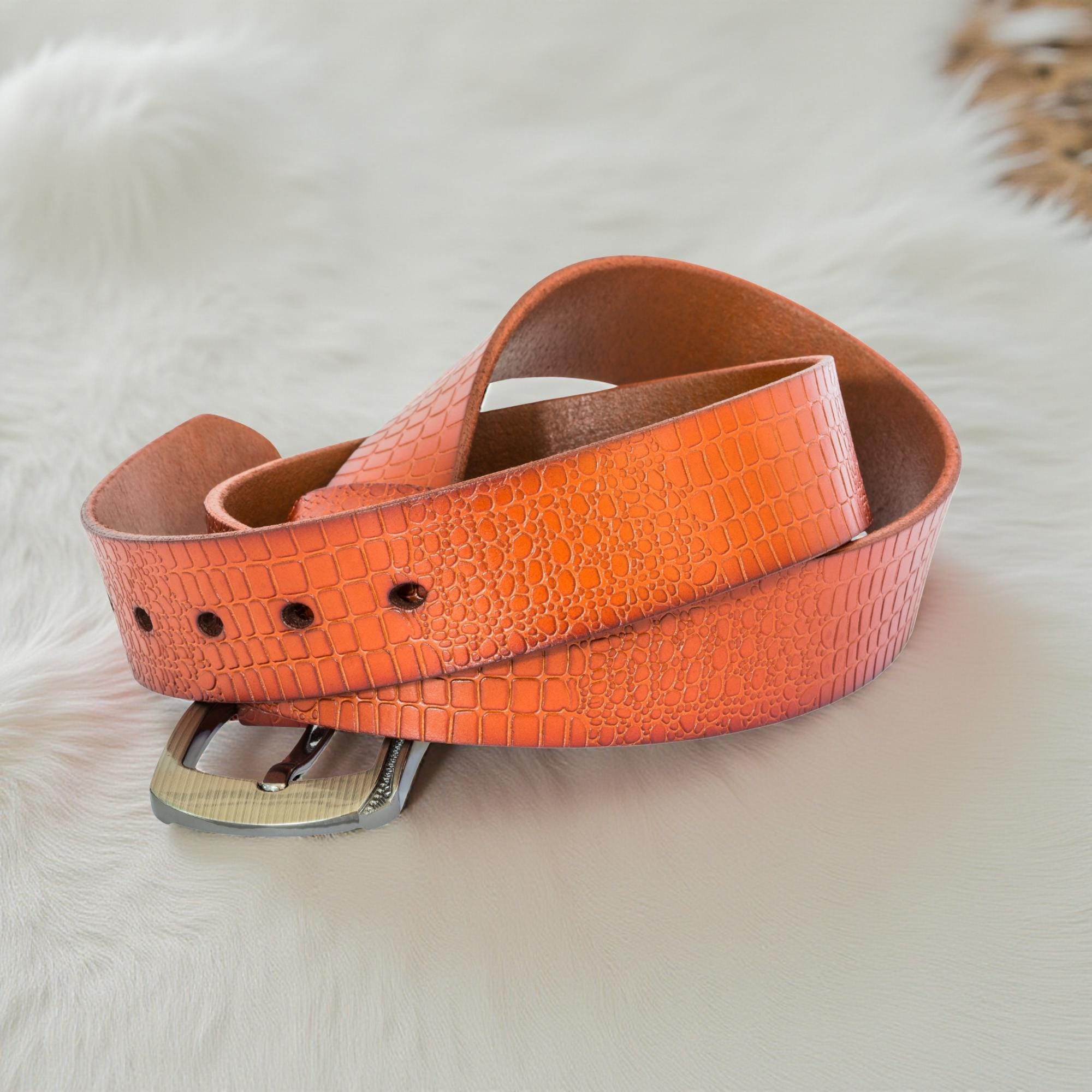 Handmade Orange Crocodile Embossed Leather Belt Stylish  display picture 2