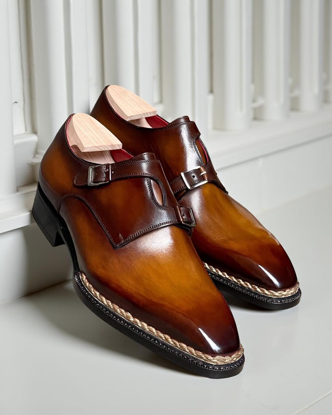 Handmade Tan Brown Double Monk Strap Leather Shoes for Men  display picture 2