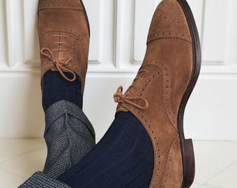 Men’s Brown Suede Oxford Wingtip Brogue Shoes Handmade Genuine Leather Dress Shoes