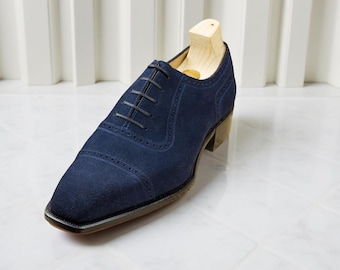 Handmade Blue Oxford Cap Toe Shoes for Men Genuine Suede Leather Dress Shoes