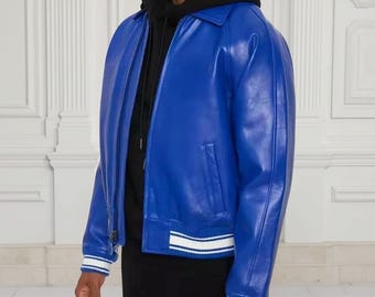 Men’s Royal Blue Leather Bomber Jacket Genuine Sheepskin Handmade Zip-Up Coat