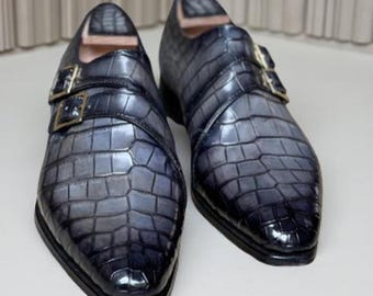 Men’s Handmade Grey Crocodile Leather Double Monk Strap Shoes Black Finish Dress Shoes
