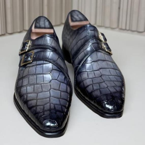 Men’s Handmade Grey Crocodile Leather Double Monk Strap Shoes Black Finish Dress Shoes