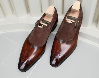 Men's Handmade Brown Leather Oxford Dress Shoes Square Toe Buckle Formal Footwear
