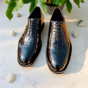 Zapatos de piel con estampado de cocodrilo hechos a mano para hombre, zapatos Oxford de piel chapada de lujo, calzado de diseñador para vestidos formales y bodas.