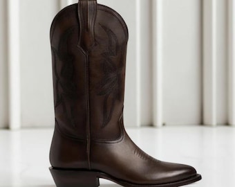 Men’s Handmade Dark Brown Leather Cowboy Boots Classic Pointed Toe And Stitch Design
