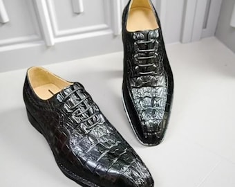 Handgefertigte glänzende schwarze Krokodil Geprägte Leder Oxford Schuhe für Herren