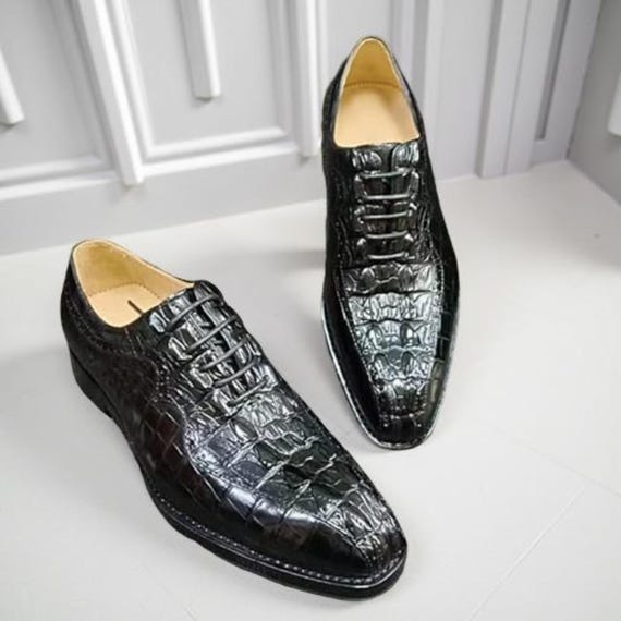 Handmade Glossy Black Crocodile Embossed Leather Oxford  display picture 3