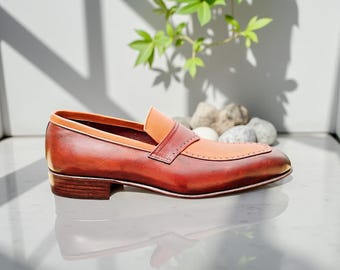 Handmade Olive Green Leather Loafers: Two-Tone Men's Slip-Ons