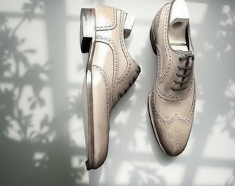 Handmade Italian Leather Brogue Shoes: Wingtip Oxford Dress Shoes