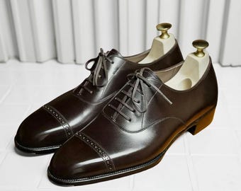 Handmade Italian Leather derby Shoes: cap toe Oxford Dress Shoes