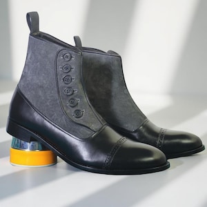 Bespoke Handmade Chelsea Boots Grey Suede and Black Leather | Button Closure Men’s Dress Boots | Formal Luxury Ankle Footwear
