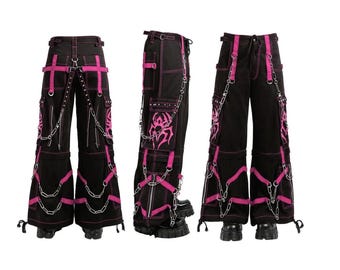 HANDMADE Customize Gothic Black Cargo Pants ,Wide Pantaloons trouser Buggy Chains Straps  PINK  Spider