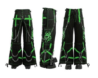 FATTO A MANO Personalizza Pantaloni cargo neri gotici Pantaloni pantaloni Buggy Straps Streetwear VERDE Spider