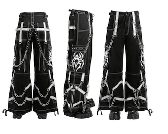 パンツ Y2K MAD PUNKS gimmick lace cargo pants HANDMADE Gothic Cargo Pants: Red Spider Print, Convertible Punk
