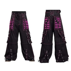 HANDMADE Customize Gothic Black Cargo Pants/Pantaloons trouser Buggy Streetwear PINK Threads  Punk Buckle Zips Chain Strap Punk Mesh