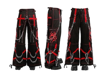 HANDMADE Customize Gothic Black Cargo Pants ,Wide Pantaloons trouser Buggy Chains Straps  RED Spider