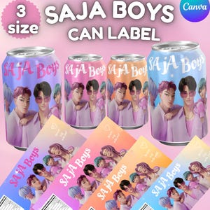 May include: Four colorful cans and labels with the text "SAJA BOYS CAN LABEL". The cans are purple, pink, orange, and blue, each featuring a portrait of two men. The labels below have the same design.