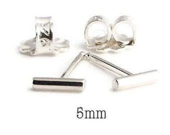 Sterling Silver 925 Small 5mm Tiny Bar Stud Earrings 1.3mm