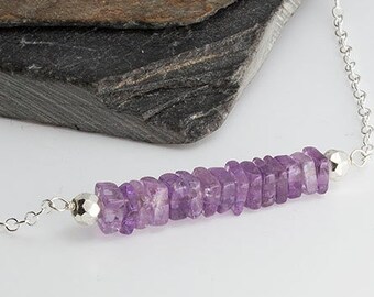 Smooth Cube Amethyst Stone Bar Necklace Silver Gemstone Minimalist Necklace, Carrie Style Necklace