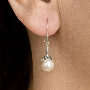White Pearl Drop Earrings | Sterling Silver Handmade Wedding Jewelry | Freshwater Pearl Earrings